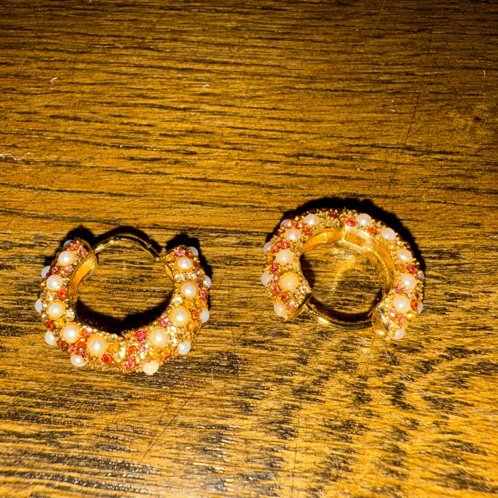 BaubleBar Gold and Orange Textured Hoop Earrings